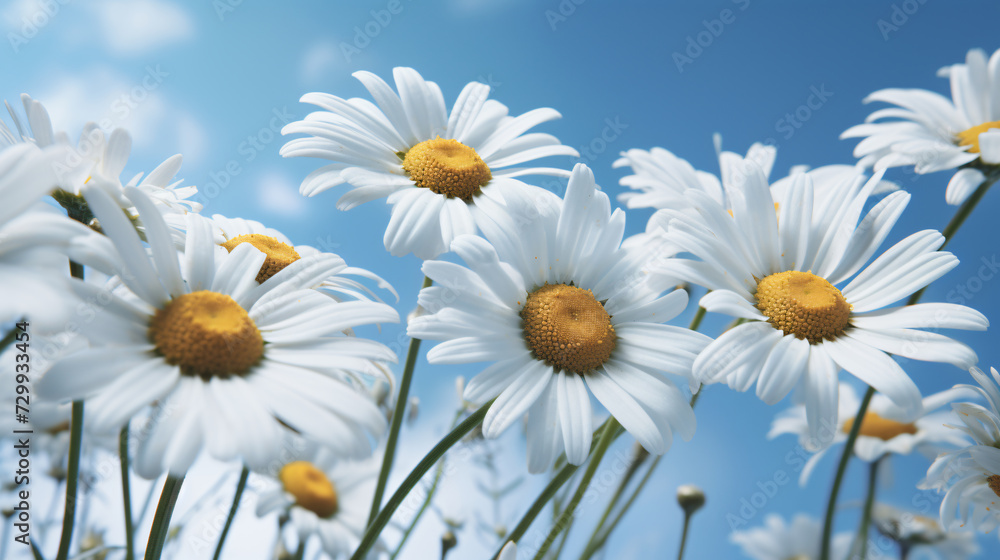 Chamomile blooms set against a vibrant blue sky