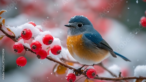 Frosty Bluebird Perched on a Berry Bush Generative AI © bipul