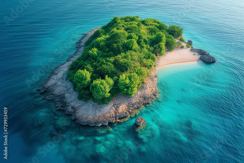 An aerial image of a secluded island, with crystal-clear waters and untouched beaches. Concept of remote beauty and pristine natural environments. Generative Ai.