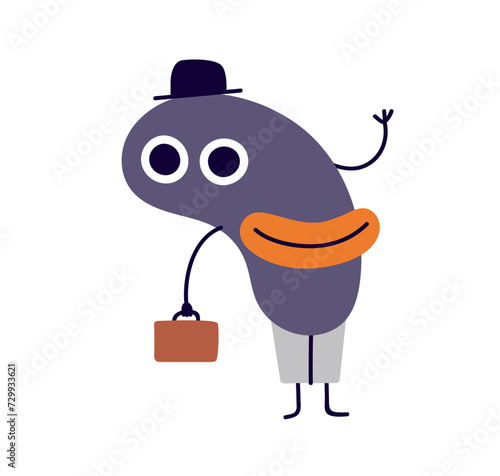 Comic business character. Funny cute fiction office worker, fantasy abstract employee greeting with hi gesture, waving with hand, smiling. Flat graphic vector illustration isolated on white background