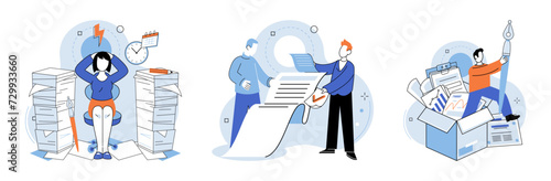 Paperwork. Vector illustration. The desk needs to be organized and brought to order with chaotic scattering papers Efficient financial management involves analyzing and interpreting complex data
