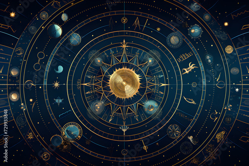 Astrological zodiac signs inside of horoscope, illustration background.