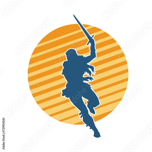 Silhouette of a female fighter in action pose carrying sword weapon.