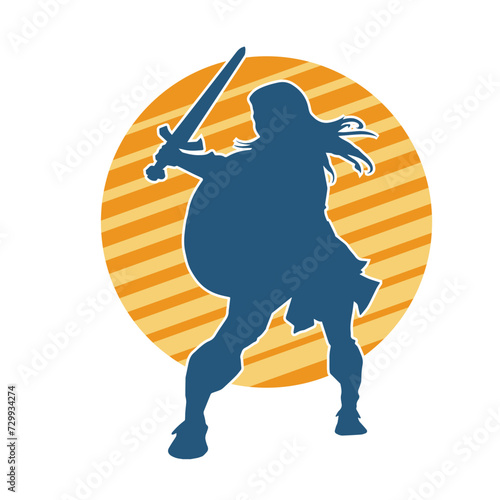 Silhouette of a female warrior in battle armor carrying sword weapon and iron shield.