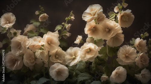Hollyhock blossoms bathed in the warm glow of golden hour light
