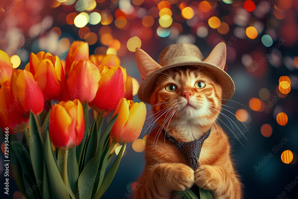 banner or postcard for March 8, a cat in a hat holds tulips in his paws with free space