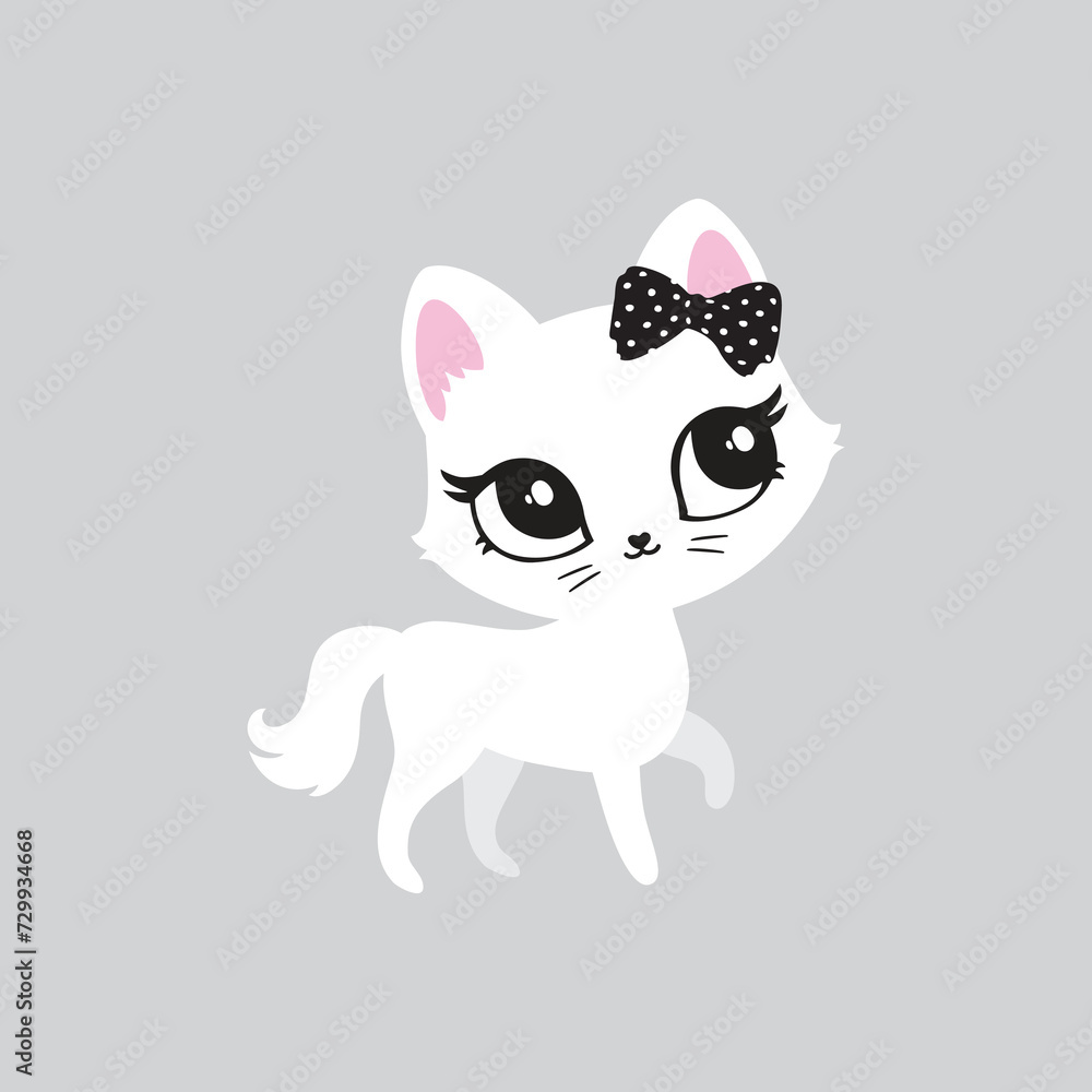 Illustration of cute cat, kitten. Baby, child, cute portrait. Little face, little animal, pet. White character, black graphic. Stickers, wall art, kids room decoration, cutie full face, small kitty