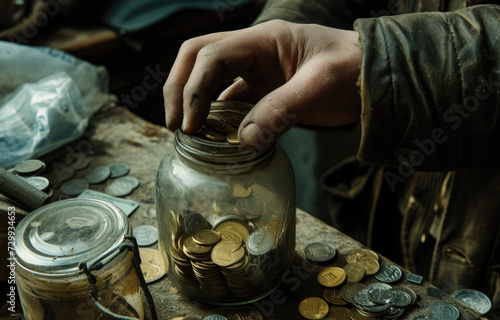 a man is putting coins into a glass jar photo