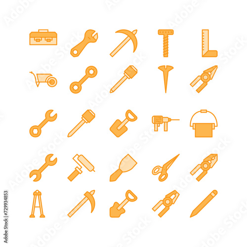 Construction tool icon set. filled color icon collection. Containing axe, drill and hammer icons.