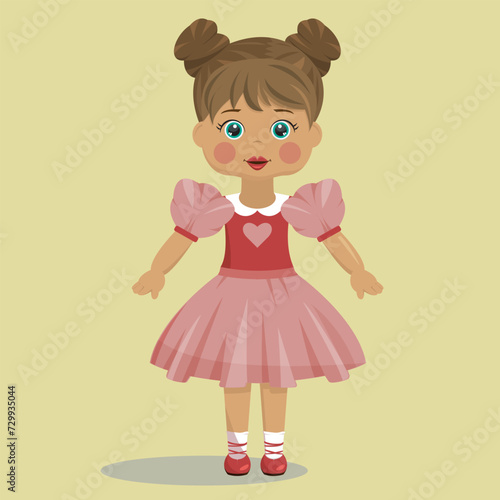 Vector beautiful toy doll, Cute doll in a pink dress. Beautiful girl. Little princess in a fluffy dress with a heart.