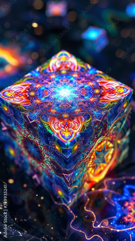 Acid Trippy Abstract Colorful Psychedelic Mandala Magic Cube in LSD Waves Style Background created with Generative AI Technology