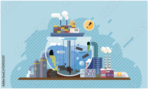 Industrial pollution. Dirty waste. Environmental pollution. Vector illustration. Factory emitting smoke represents unchecked growth industry Toxic waste chemicals are affecting groundwater quality