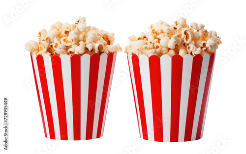 Satisfy Your Snack Cravings with Two Striped Buckets of Popcorn on a White or Clear Surface PNG Transparent Background.