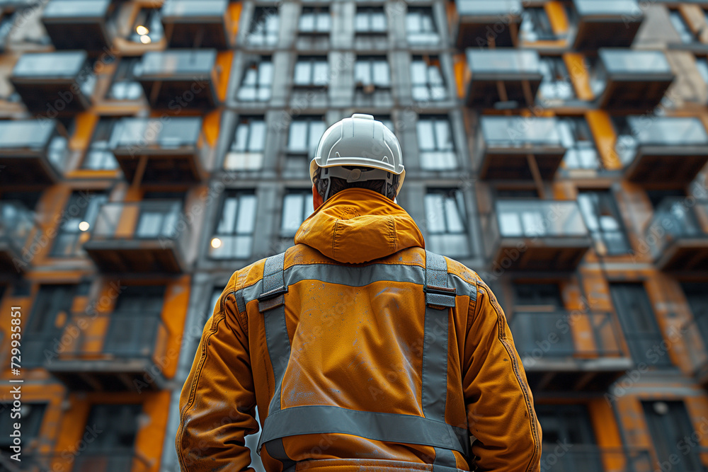 Back view of construction engineer in standard safety looking at the building, Focused construction engineer in standard safety gear inspecting the building progress on the construction site.