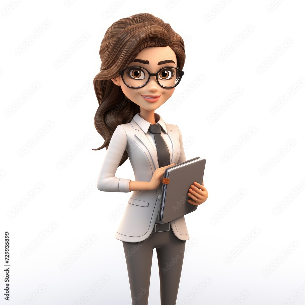 White Background and 3D Cartoon Business Woman