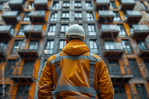 Back view of construction engineer in standard safety looking at the building, Focused construction engineer in standard safety gear inspecting the building progress on the construction site. © Kane