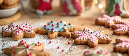 Colorful pastry bags are placed near Christmas cookies on a table.