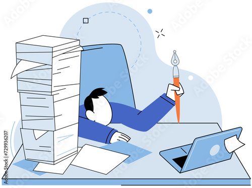 Paperwork. Vector illustration. The desk appears cluttered and disorganized with multitude papers A sheet needs to be updated with latest financial information The chaos paperwork chinder productivity