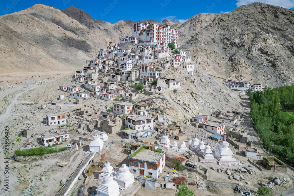 Chimre monastery, aerial view, Ladakh, Northern India, Himalayas, India