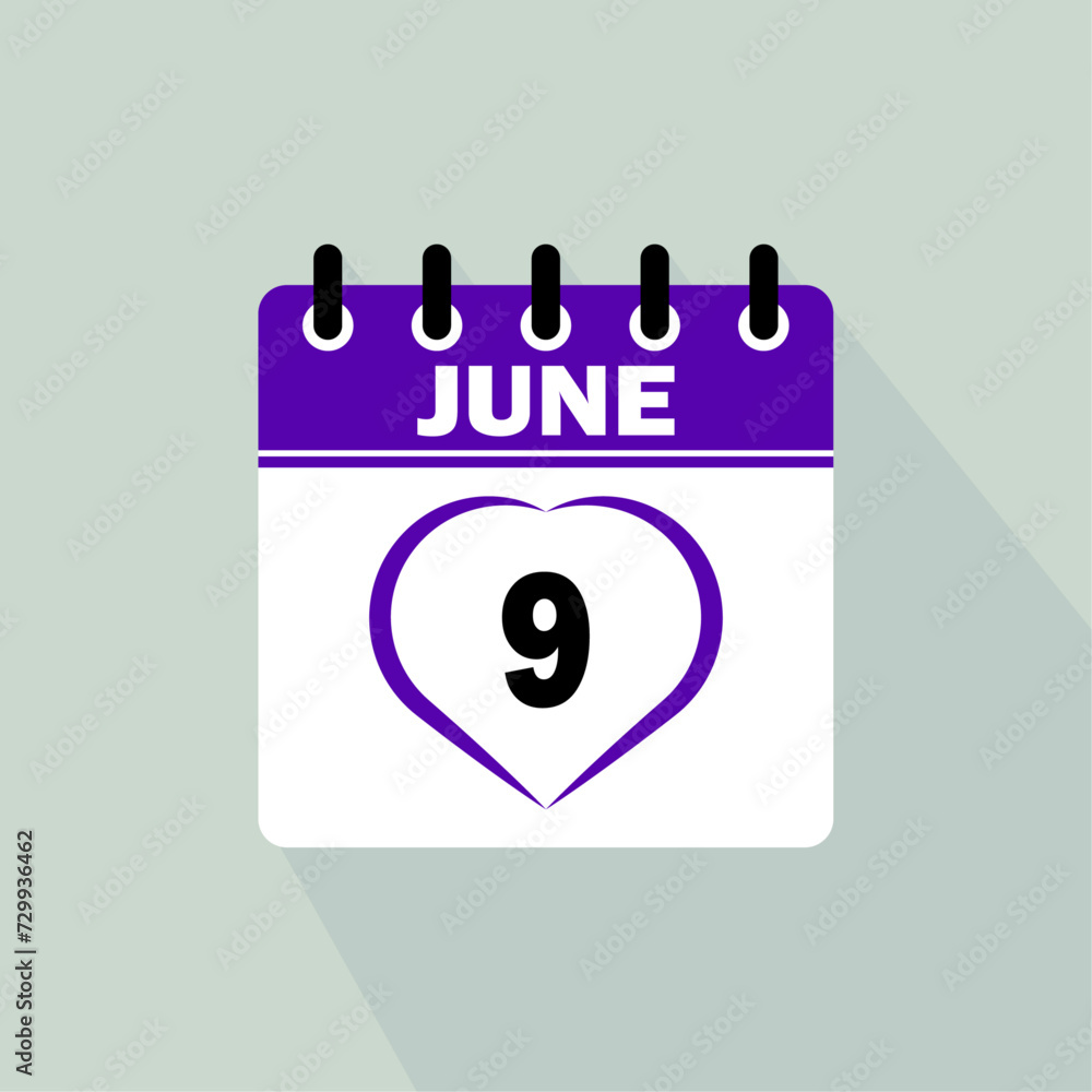 Icon calendar day - 9 June. 9th days of the month, vector illustration. Icon calendar day - 9 June. 9th days of the month, vector illustration.
