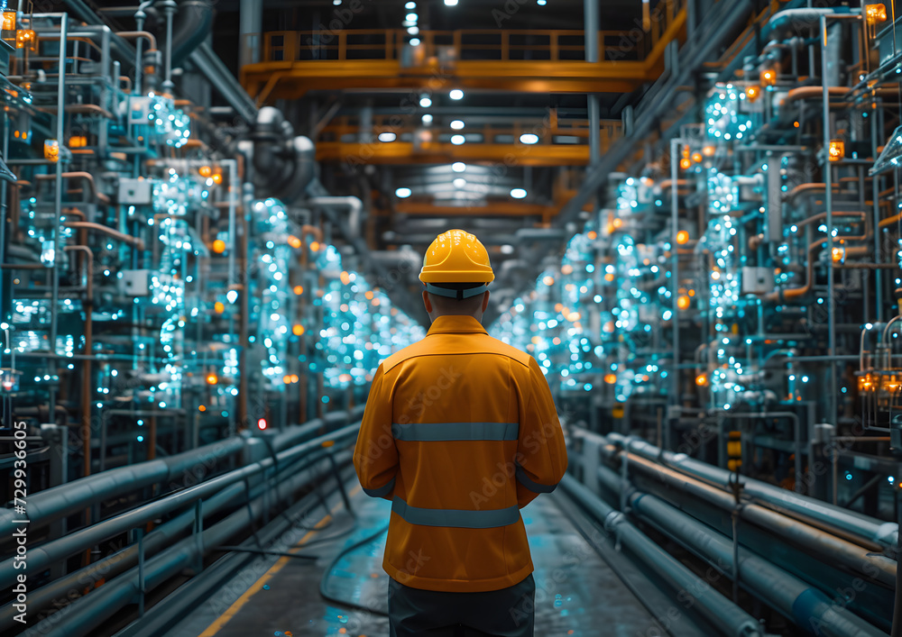 Civil and mechanical engineering concept. The engineer wearing helmet working in a factory.