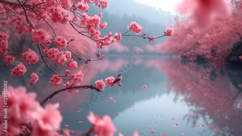 Reflective Cherry Blossom Bliss by the Lakeside. Made with Generative AI Technology