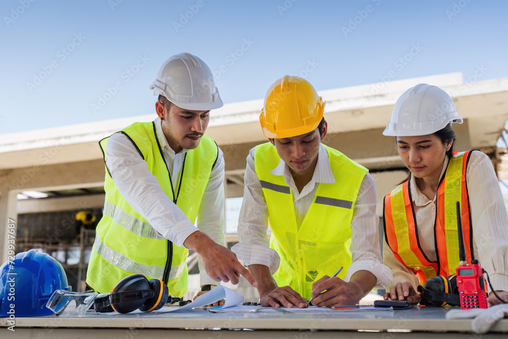 team engineer, foreman, architect meeting for colleagues discussing and checks construction blueprints at onsite team engineer, foreman, architect meeting for colleagues discussing and checks construction blueprints at onsite