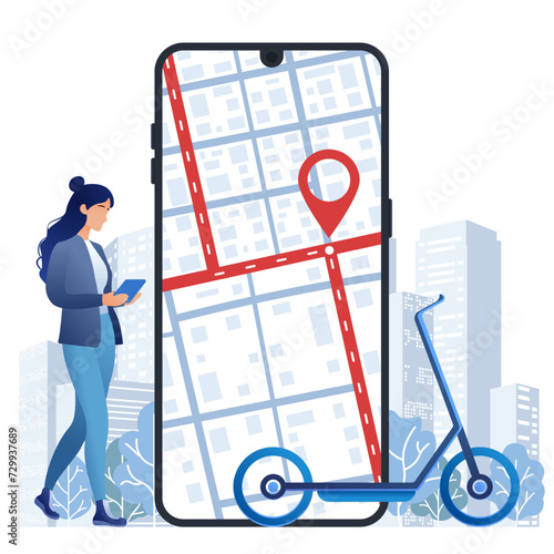 Electric transport, female character standing next to giant mobile phone with city map on the screen. Eco-friendly transport. Vector illustration, scooter sharing parking or electric transport rental