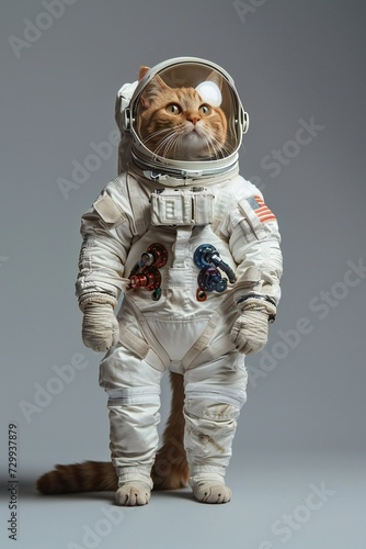 British cat astronaut in a space suit with a helmet. Vertical