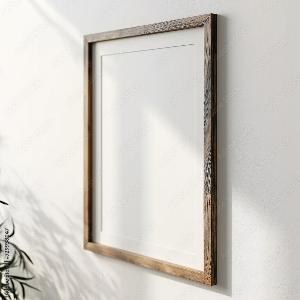 Wooden frame mockup on white wall