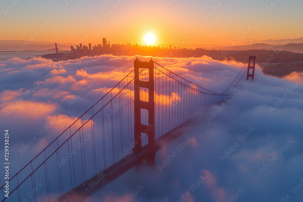 Obraz premium Gate Bridge in San Francisco enveloped by fog.