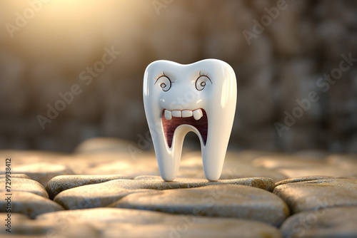 3D tooth with an image of fear on the face. Fear of dentists concept. Cartoon illustration. Generated by artificial intelligence