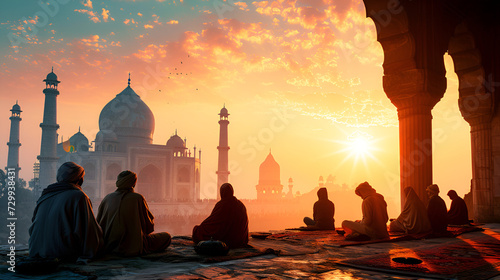 taj mahal in sunset,hands folded in prayer expressing hope, humility and gratitude. Generative AI photo