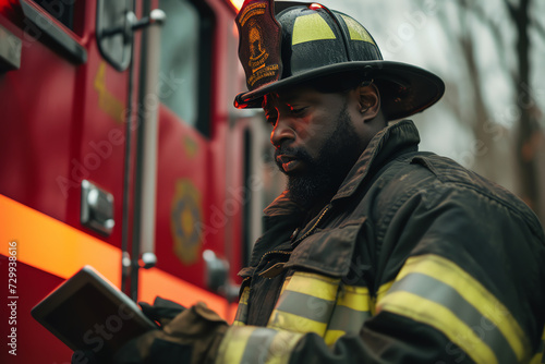 Fireman Standing Next to a Fire Truck