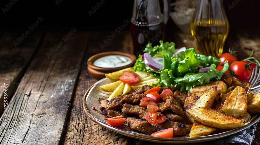 Rustic gyros plate served on the wooden table. Rustic gyros plate served on the wooden table.