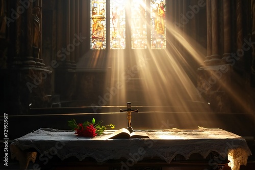 An altar with a cross and sunlight from the window.