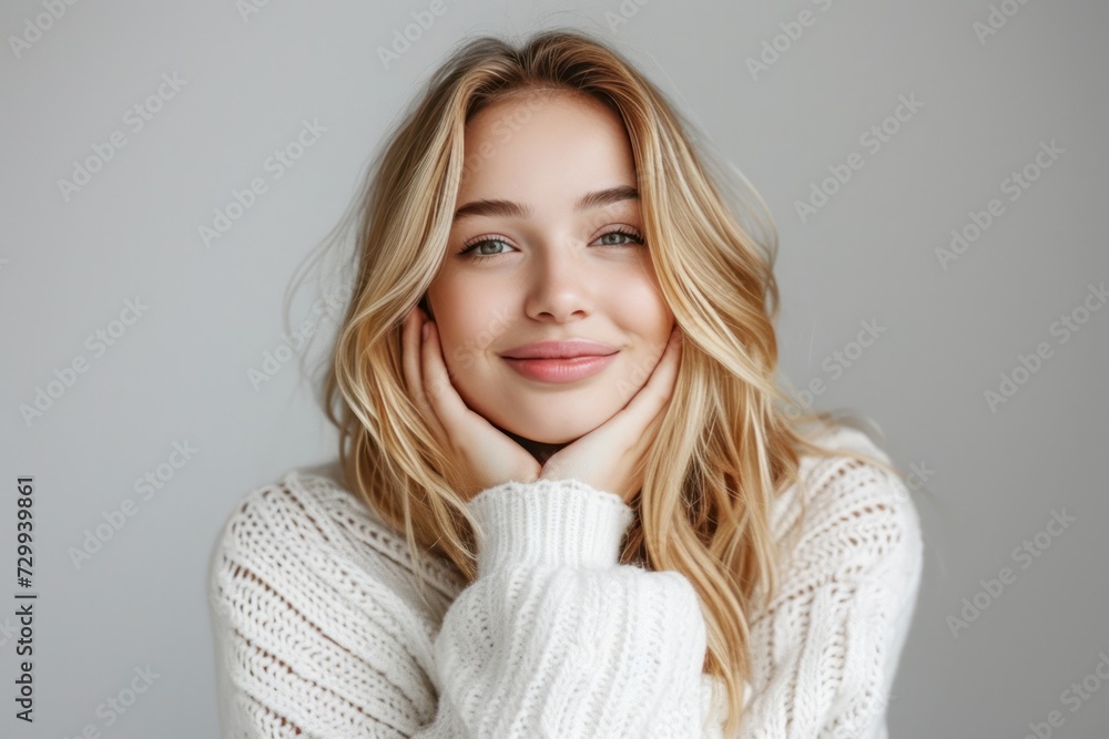 portrait of a woman in white sweater touching her face, close up portrait of a woman in white sweater touching her face, close up