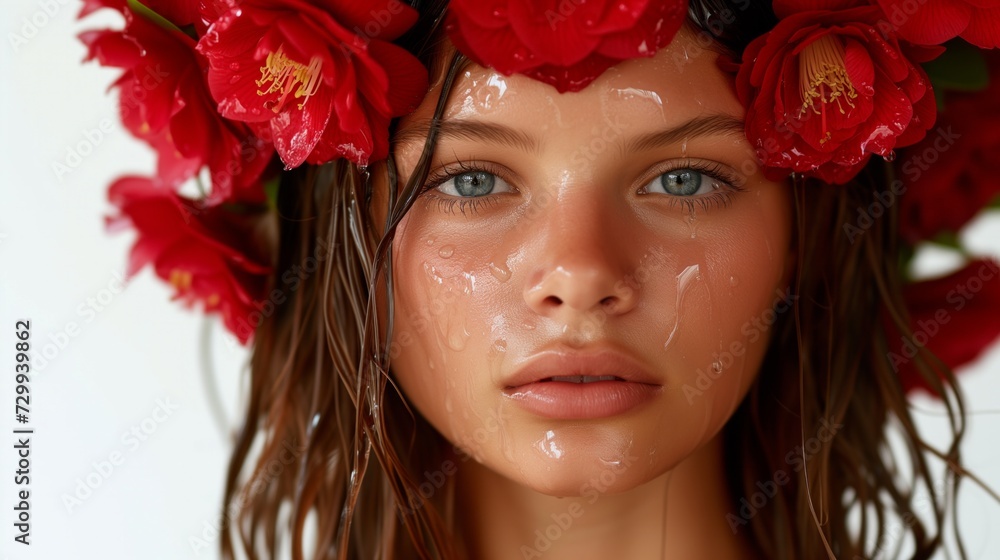 Close-up of a young woman with wet skin and hair, adorned with vibrant red camellias, giving a fresh and natural look. Close-up of a young woman with wet skin and hair, adorned with vibrant red camellias, giving a fresh and natural look.