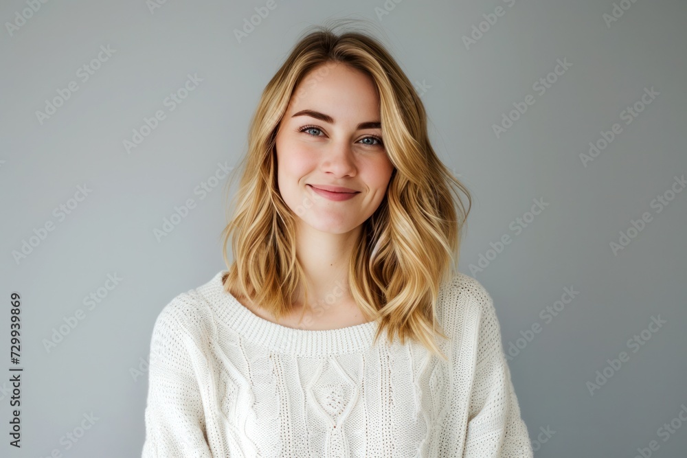 portrait of young happy woman looking to the camera on gray background portrait of young happy woman looking to the camera on gray background