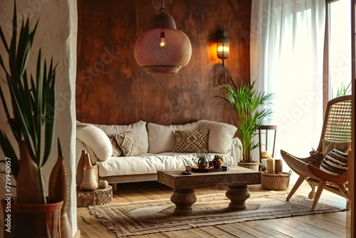 Cozy home interior with rustic wooden style.