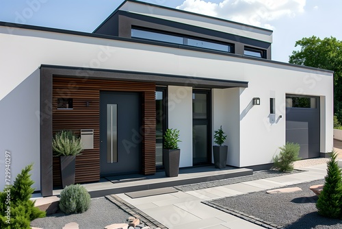 Weiße Eingangsfront mit Holz dekor: Türfüllung