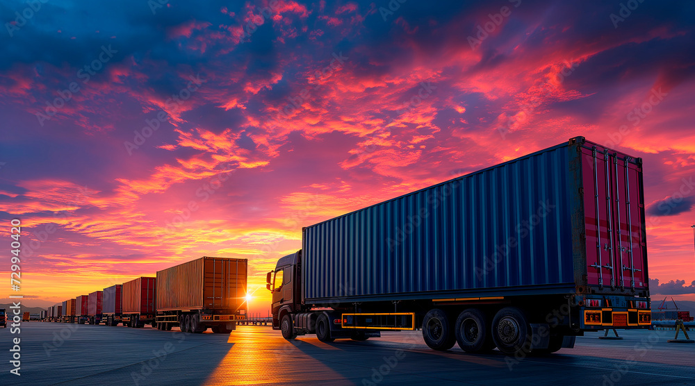 Semi TrailerTrucks Parked with The Sunset Sky. Shipping Cargo Container Semi TrailerTrucks Parked with The Sunset Sky. Shipping Cargo Container