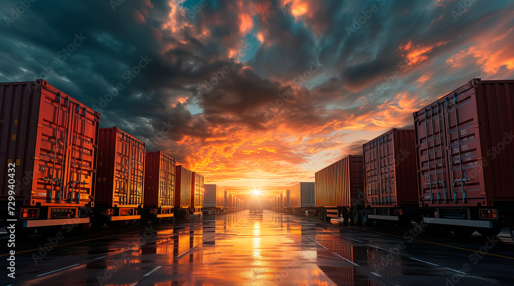Fototapeta premium Semi TrailerTrucks Parked with The Sunset Sky. Shipping Cargo Container 