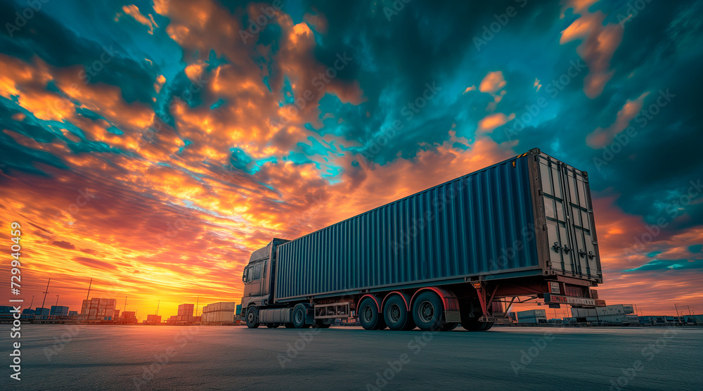 Semi TrailerTrucks Parked with The Sunset Sky. Shipping Cargo Container 