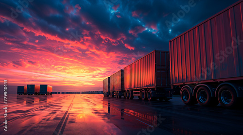 Semi TrailerTrucks Parked with The Sunset Sky. Shipping Cargo Container  photo