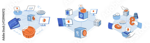 Blockchain vector illustration. The integration blockchain into business processes drives innovation and efficiency Protection sensitive information is primary concern in blockchain ecosystem