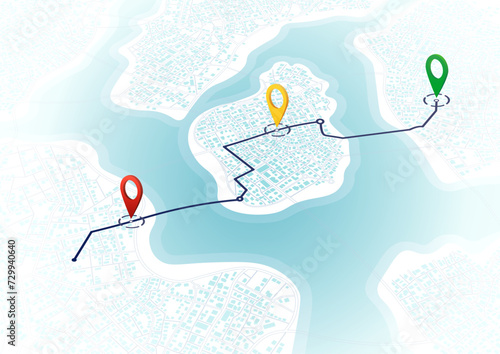 Main road throughout map. Simple scheme of city. Navigation to poi. Generic city map with signs of streets, roads, house. Vector illustration, map background