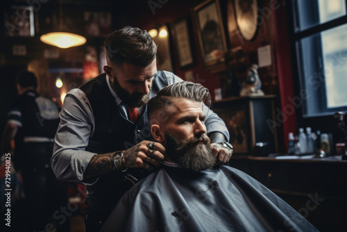 barber cutting man's hair in a hair salon or barbershop