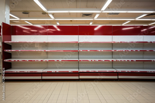 Empty shelves in a grocery store, economic crisis, problems with delivery and production of food products