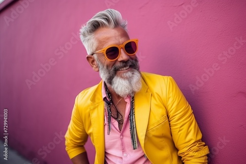 Portrait of a handsome senior man with gray beard wearing yellow jacket and sunglasses © Inigo